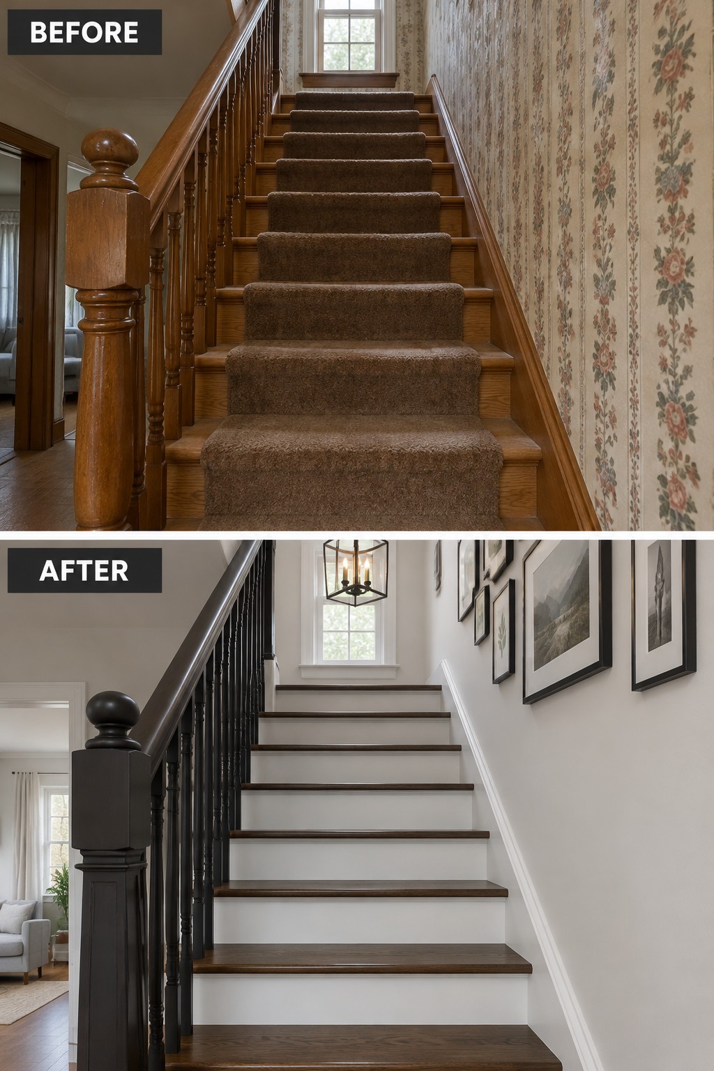 Before-and-after makeover image of a staircase changed from floral wallpaper and brown carpet to light walls, white risers, dark wood treads, and a dark railing.