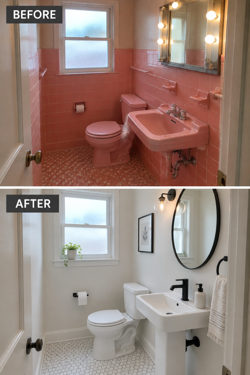 Before-and-after makeover image of a small bathroom changed from pink tile and fixtures to white finishes, a pedestal sink, and a round mirror.