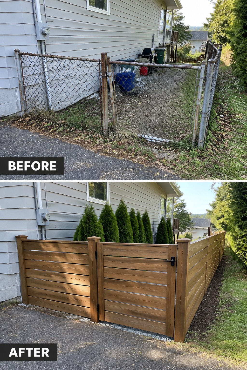 Before-and-after makeover image of a narrow side yard changed from a chain-link enclosure to a wooden fence with a gate.