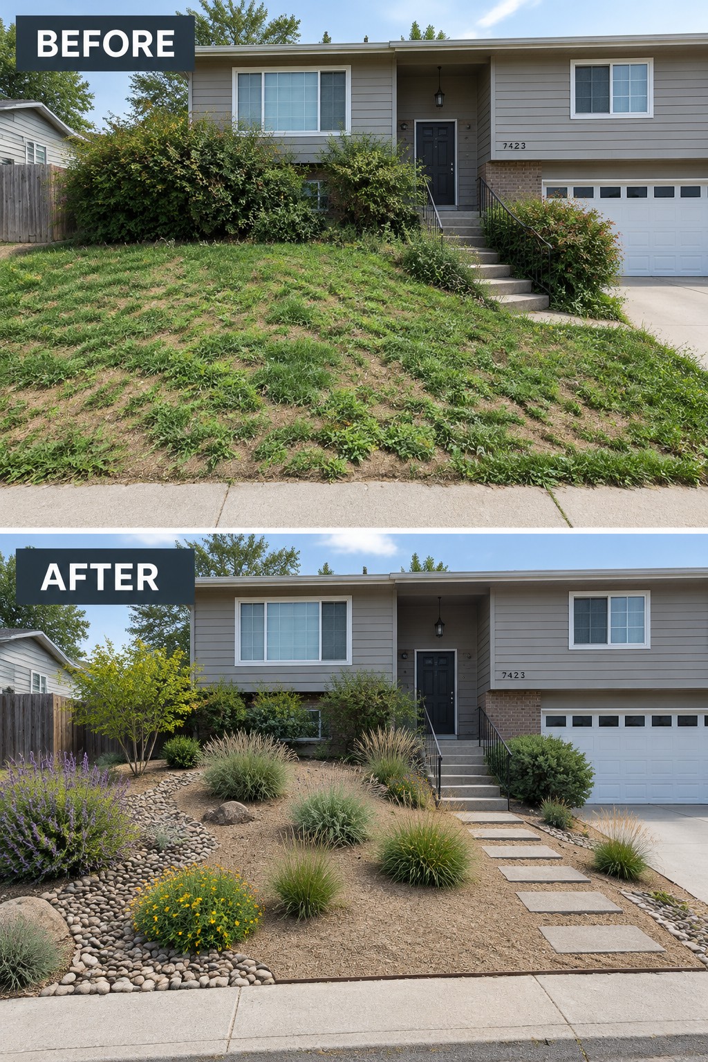 Before-and-after makeover image of a sloped front yard changed from patchy, overgrown grass to gravel landscaping with stone borders, plants, and a paver path.