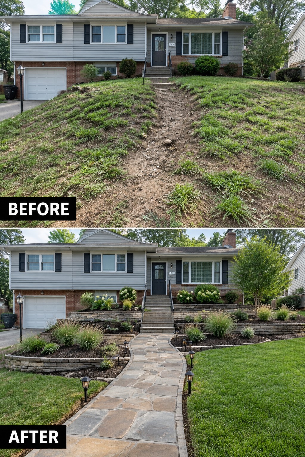 Before-and-after makeover image of a sloped front yard changed from patchy grass and a dirt track to a stone walkway, tiered retaining walls, and planted beds.