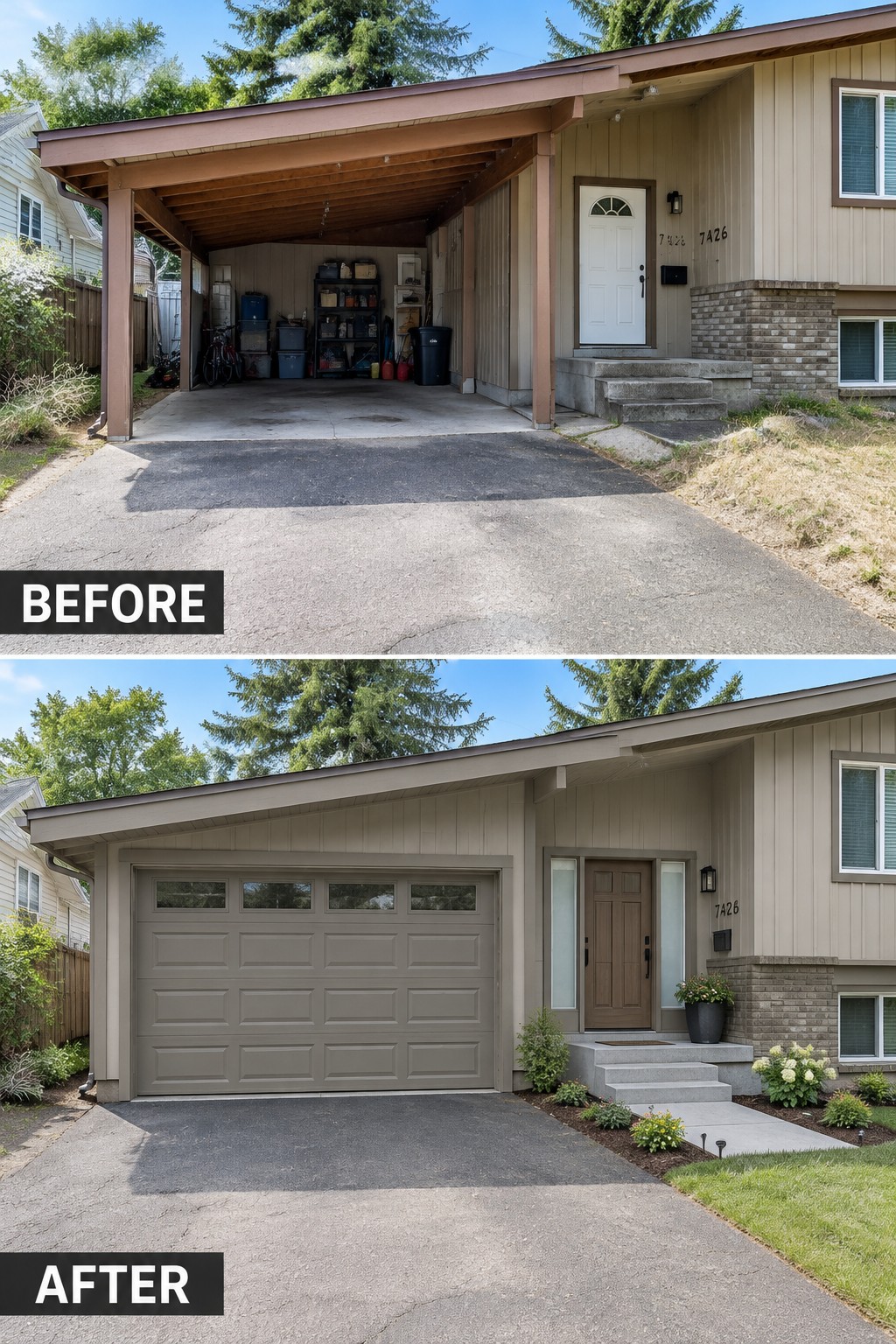 Before-and-after makeover image showing an open carport enclosed with a garage door beside an updated front entry.