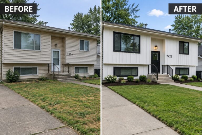 Before-and-after makeover image of a split-level house with beige horizontal siding changed to white vertical siding and dark exterior trim.