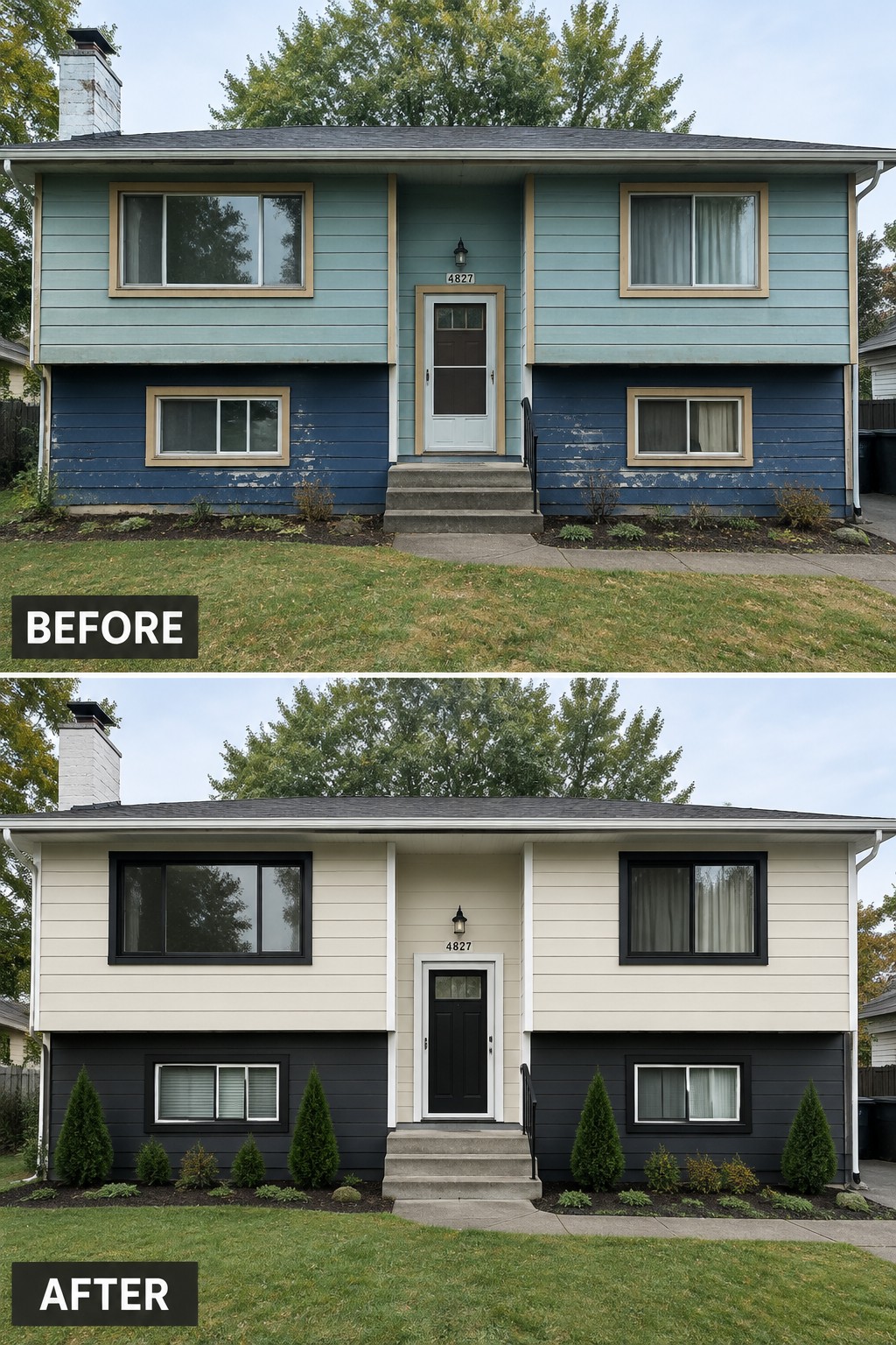 Before-and-after makeover image of a split-level house with worn blue siding changed to warm white upper siding and charcoal lower siding.