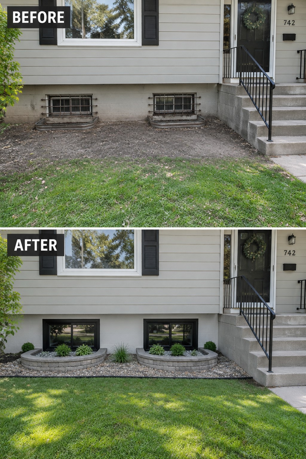 Before-and-after image of a split-level home with barred basement windows and bare ground updated with dark-framed windows, stone-edged planting beds, and gravel.