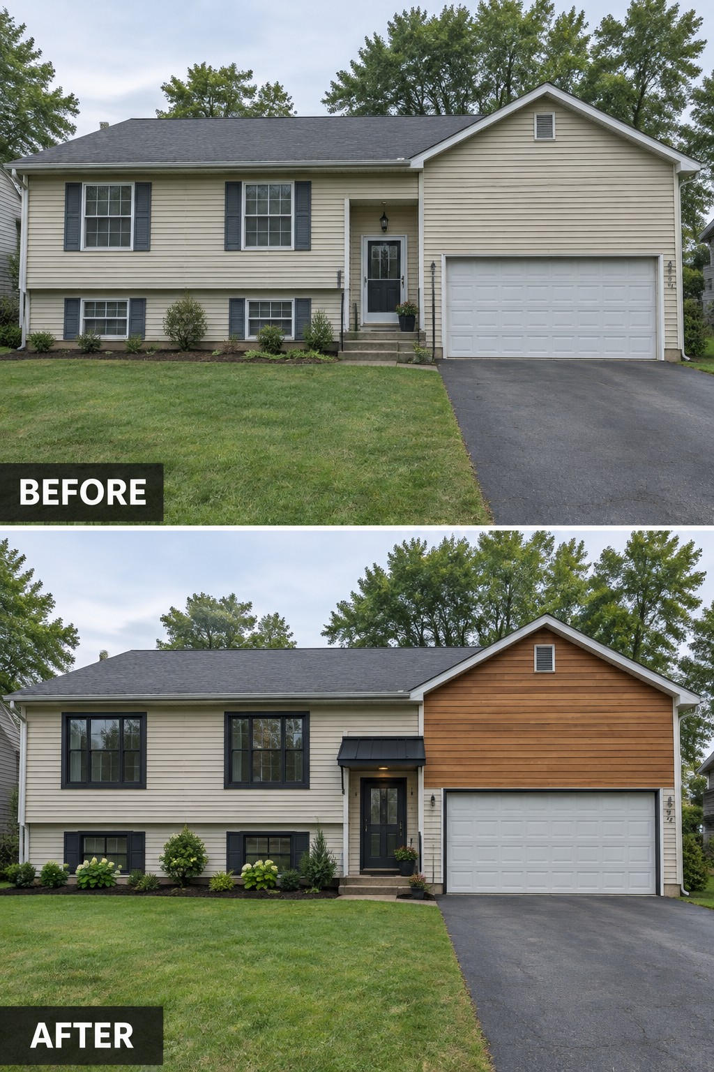 Before-and-after makeover image of a split-level house updated with light siding, dark window trim, and wood siding on the garage-side gable.