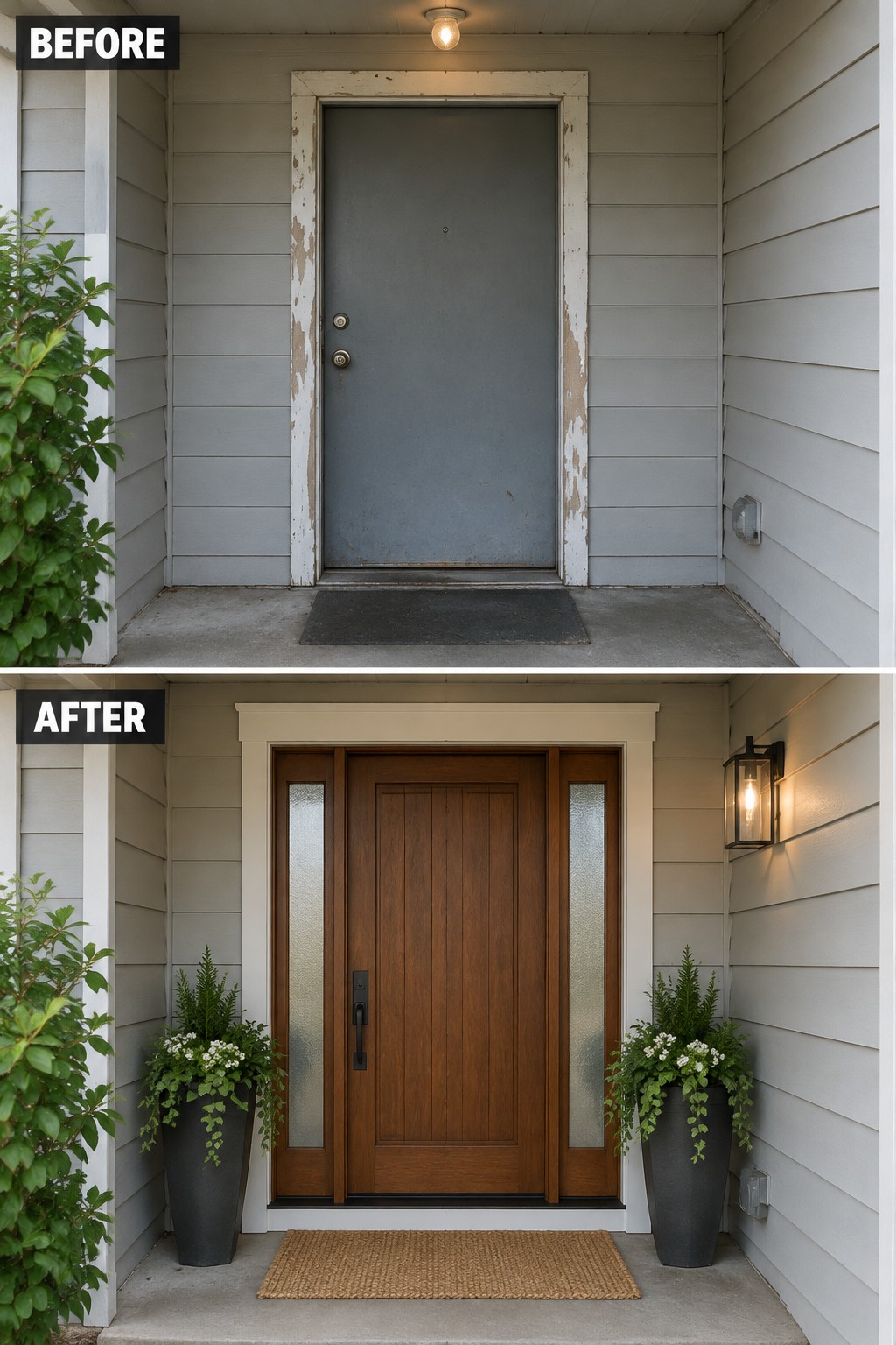 Before-and-after makeover image of a worn gray front door and peeling trim replaced with a wood door, glass sidelights, and refreshed trim.