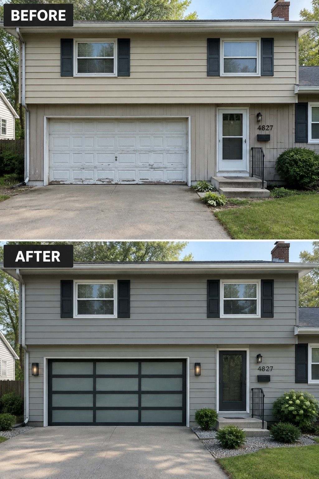 Before-and-after makeover image of a split-level house with a peeling white garage door replaced by a dark-framed glass-panel garage door.
