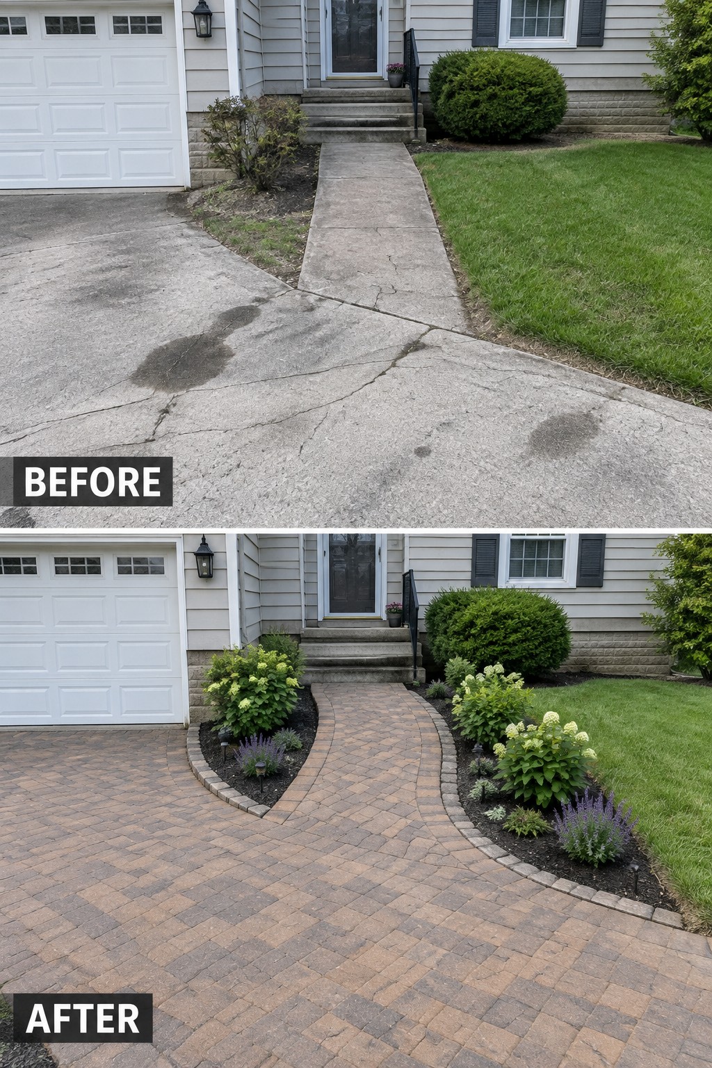 Before-and-after makeover image of a cracked concrete driveway and walkway replaced with a paver driveway and curved path bordered by plants.