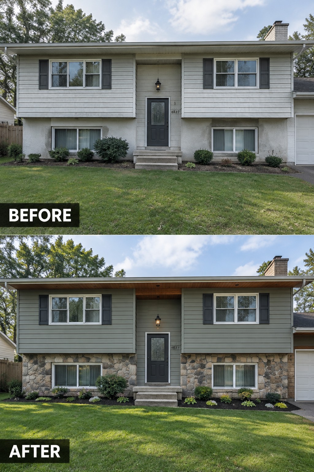 Before-and-after makeover image of a split-level house with plain foundation walls changed to stone veneer.
