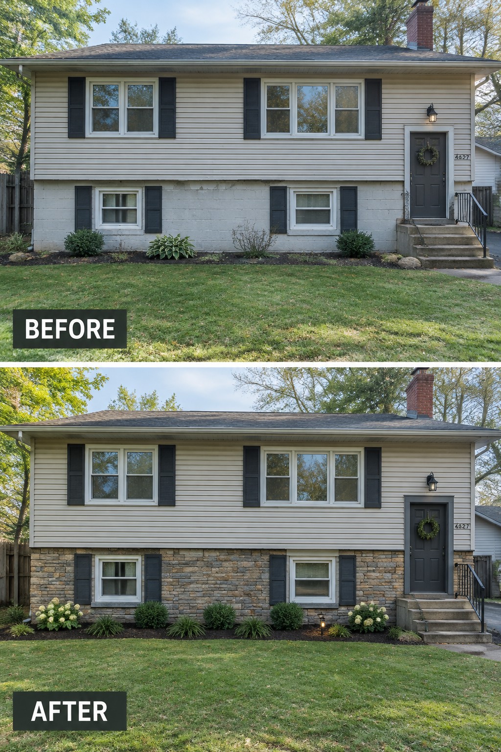 Before-and-after image of a split-level house with plain foundation walls changed to a stone exterior.