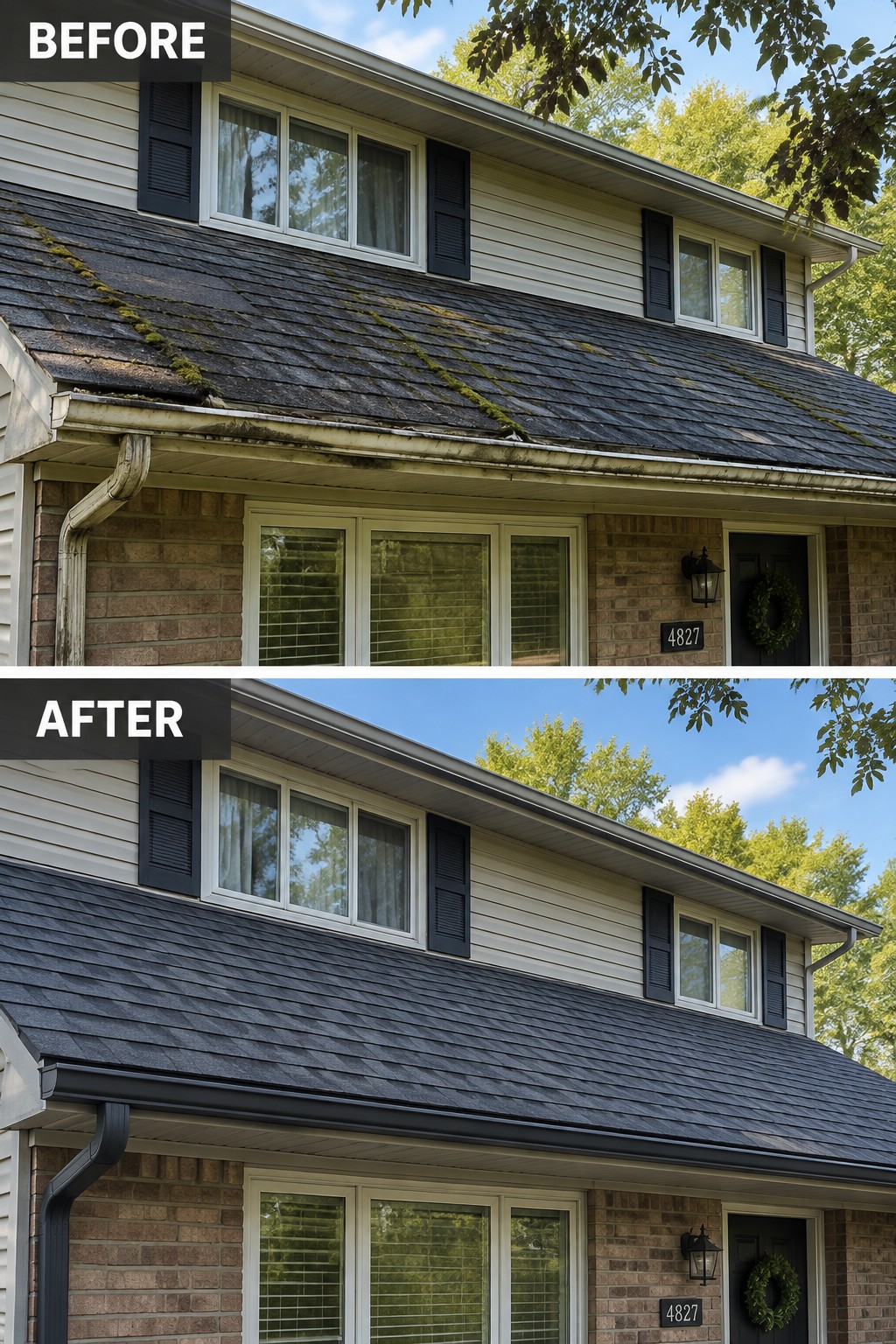 Before-and-after makeover image of a split-level house with weathered, moss-covered roof shingles replaced by clean dark shingles and a dark gutter.