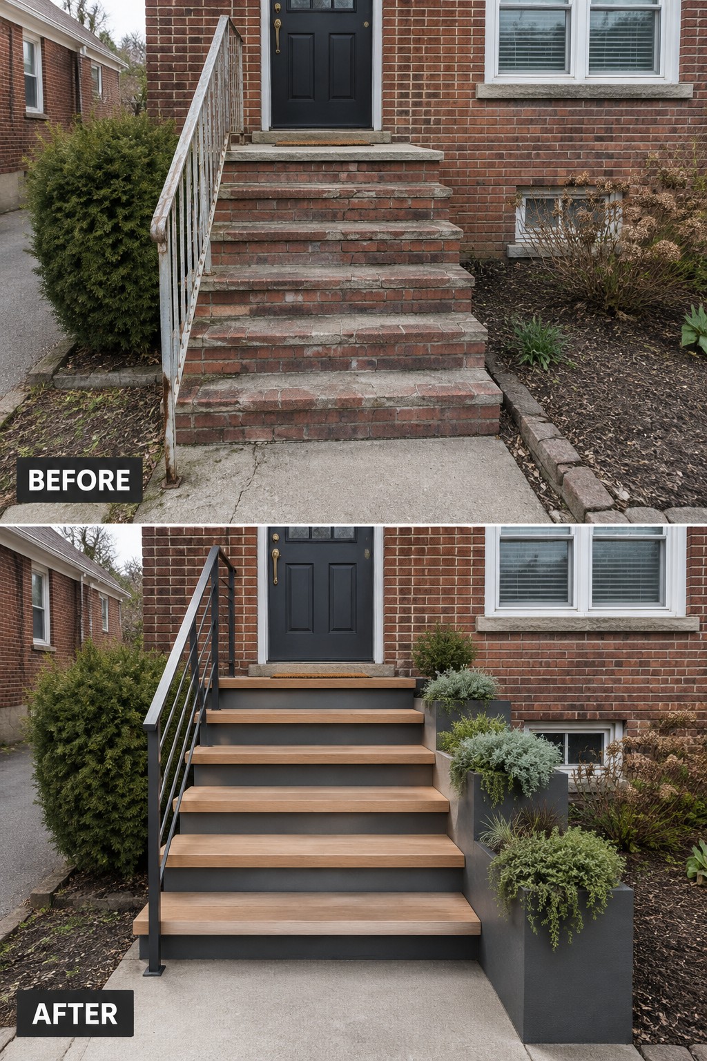 Before-and-after makeover image of worn brick front steps replaced with wide wood-tread stairs, dark risers, and a metal railing.