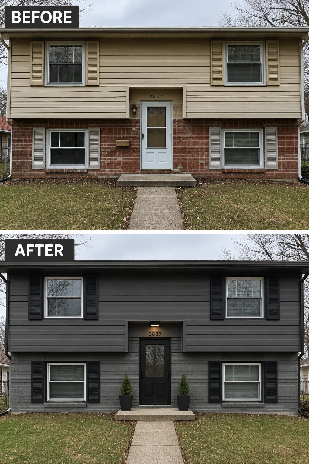 Before-and-after makeover image of a split-level house with beige siding and red brick updated to dark gray siding, gray brick, and black shutters and front door.