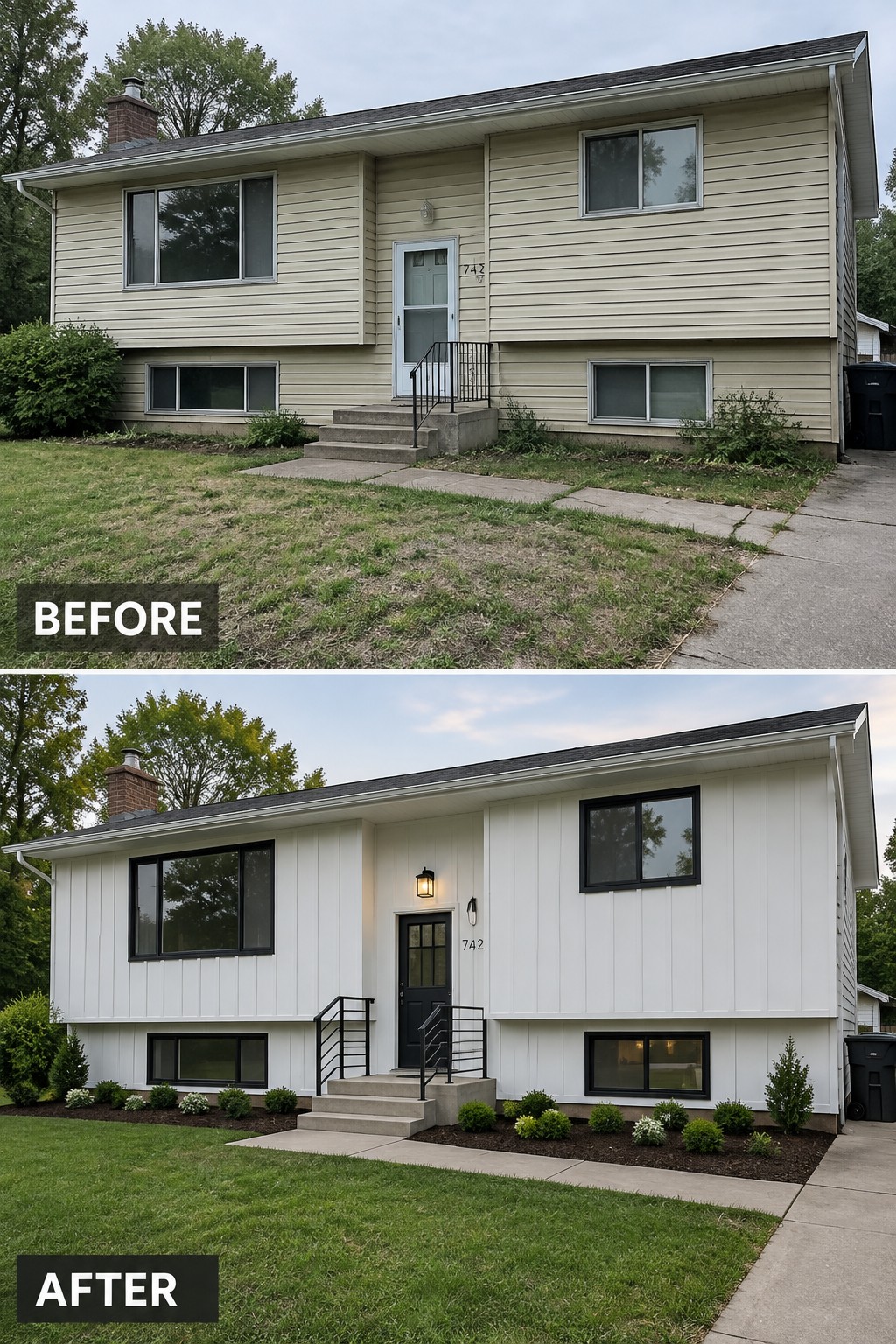 Before-and-after makeover image of a split-level house with beige horizontal siding changed to white vertical siding and dark exterior trim.