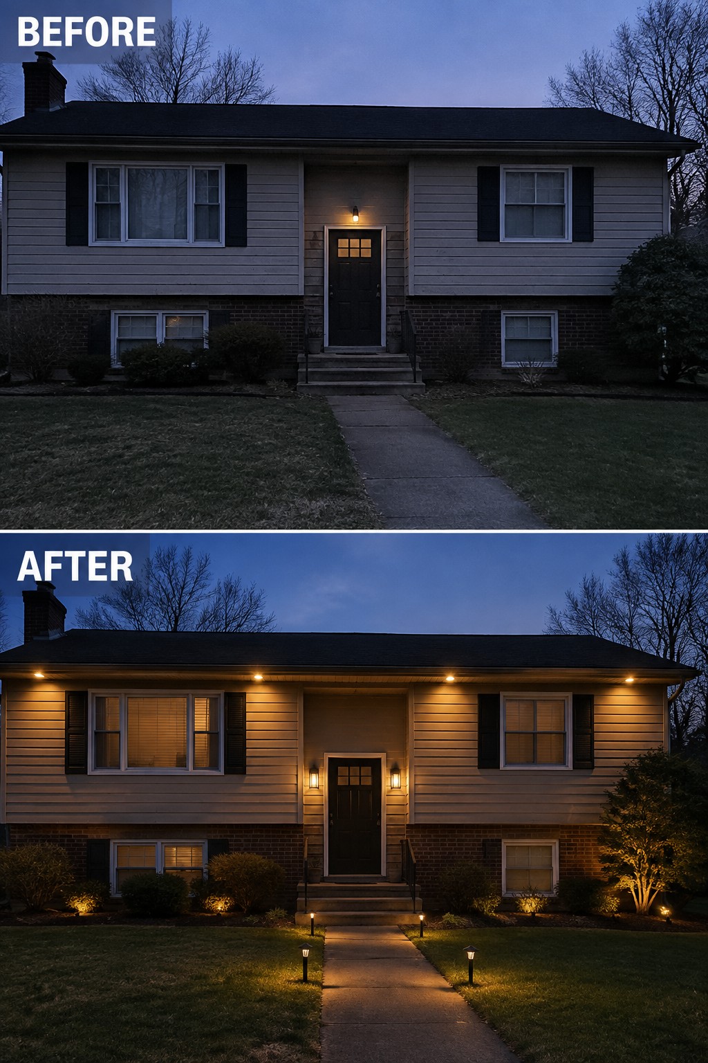 Before-and-after makeover image of a split-level house with minimal exterior lighting updated with roofline, entry, and path lights.