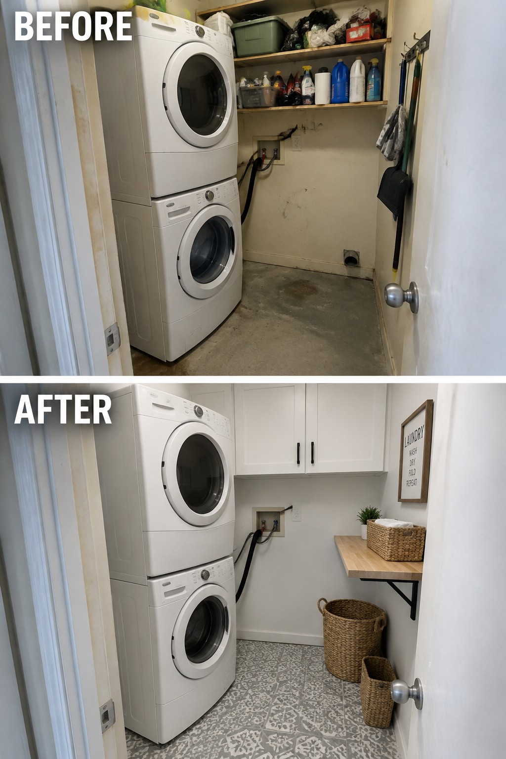 Before-and-after image of a laundry room with crowded open shelves and a bare floor changed to a room with upper cabinets, a counter, and patterned floor tiles.