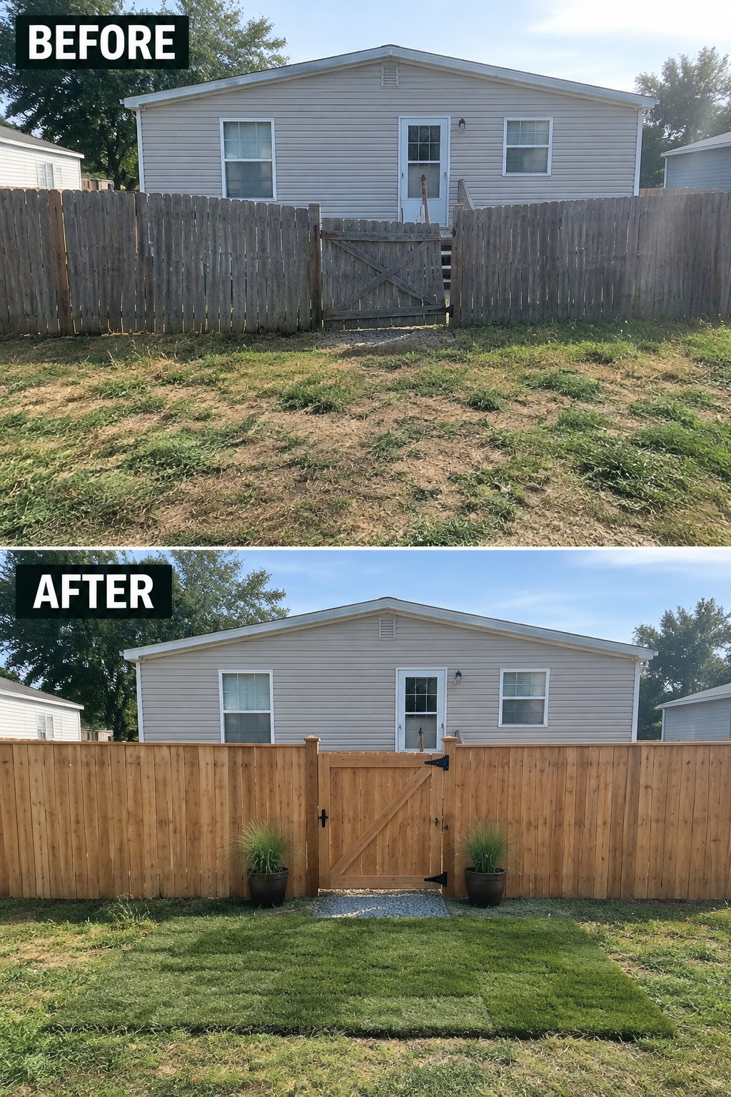 Before-and-after makeover image of a bare, patchy yard changed to a neat lawn in front of a wooden fence.