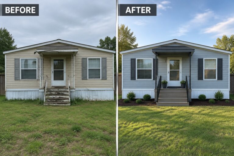 23 Clever Single-Wide Mobile Home Remodel Before and After Transformations Before-and-after image of a single-wide mobile home with beige siding and worn steps updated with blue-gray siding, new steps, and a planted front border.