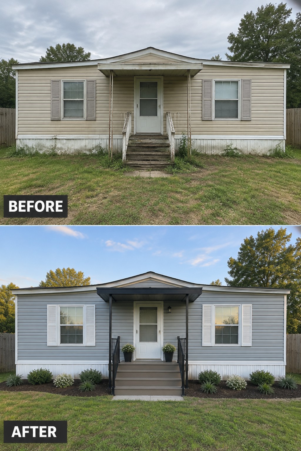 Before-and-after image of a single-wide mobile home with beige siding and worn steps updated with blue-gray siding, new steps, and a planted front border.
