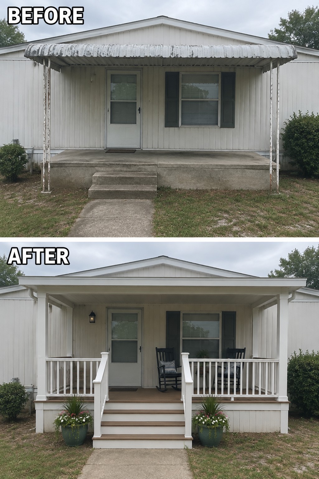 Before-and-after image of a mobile home porch changed from a bare concrete entry with a worn awning to a covered porch with railings, steps, and chairs.