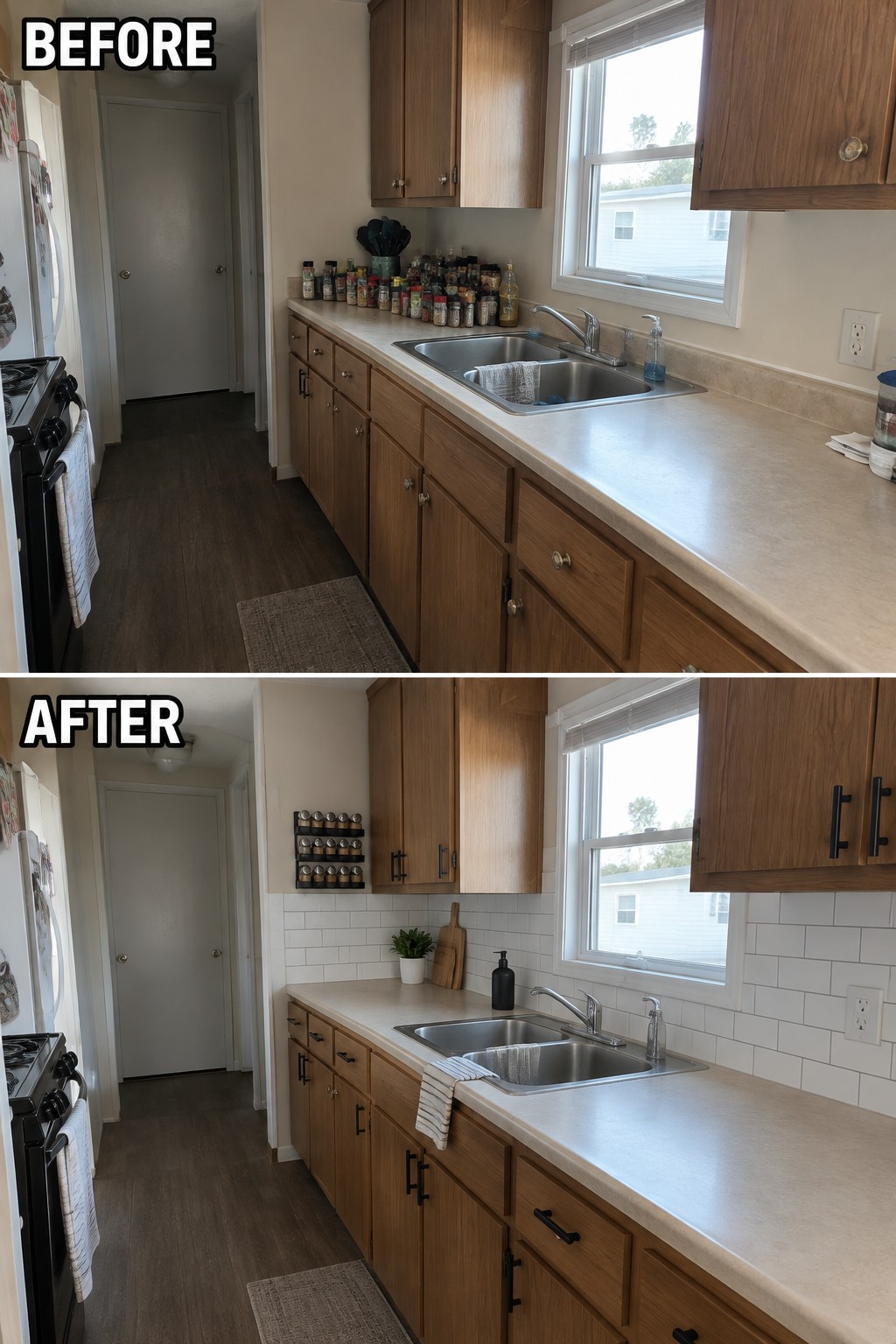 Before-and-after image of a narrow kitchen with a cluttered counter updated with subway tile, a wall-mounted spice rack, and clearer counter space.
