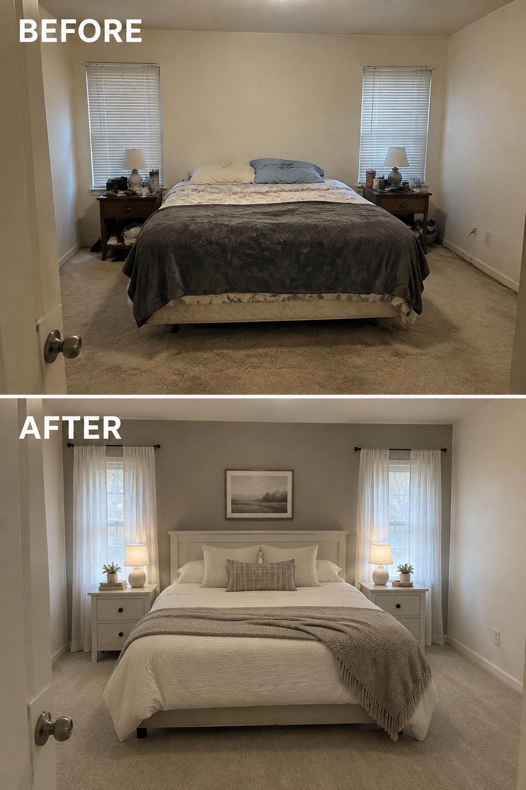 Before-and-after makeover image of a bedroom updated with coordinated bedding, matching bedside tables, curtains, and wall decor.