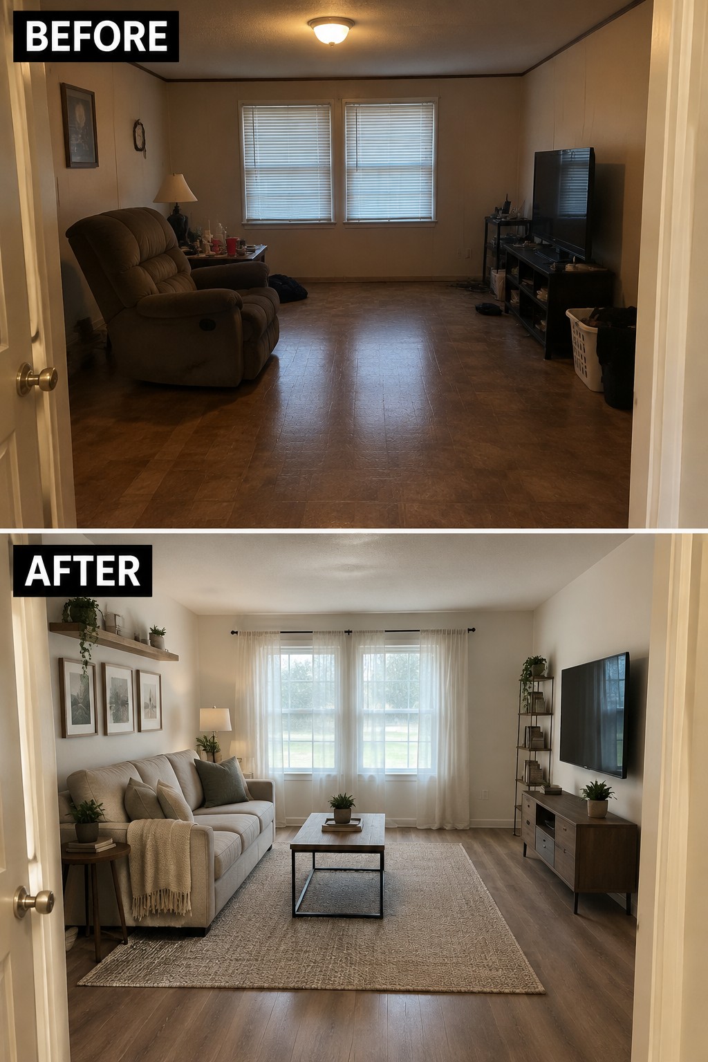 Before-and-after makeover image of a living room changed from a dim, sparsely furnished space to a brighter room with a sofa, area rug, curtains, and wall decor.