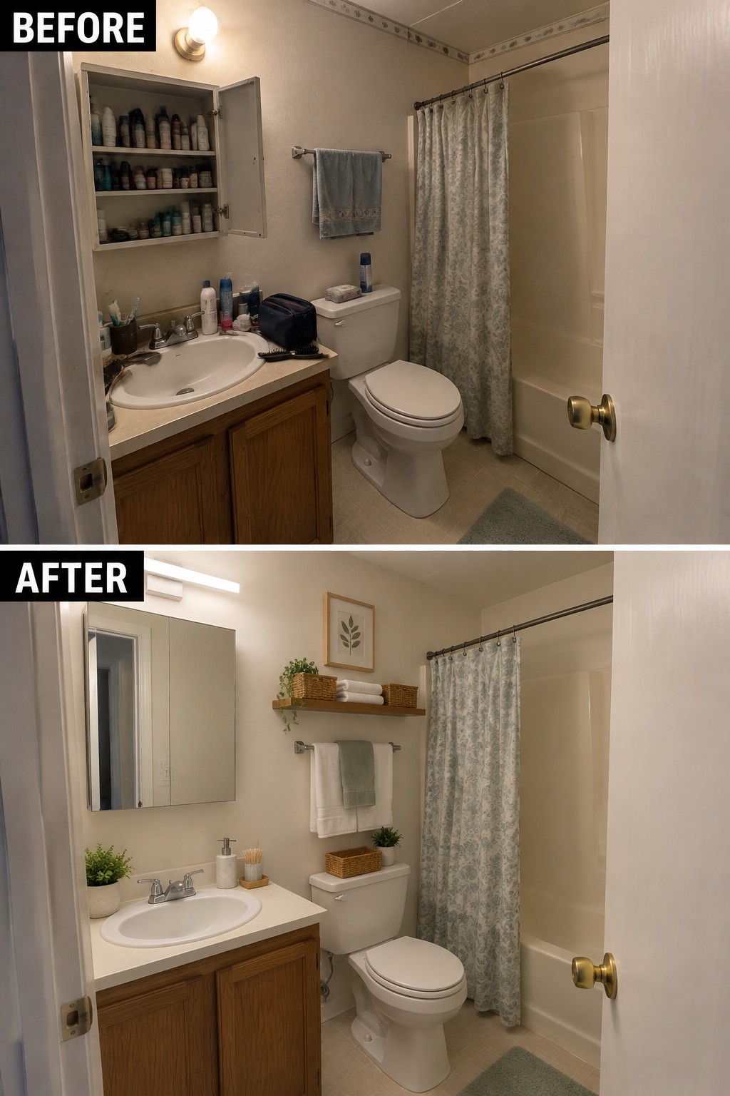 Before-and-after makeover image of a small bathroom with a cluttered vanity changed to a tidier space with a mirrored cabinet, open shelf, and clear counter.