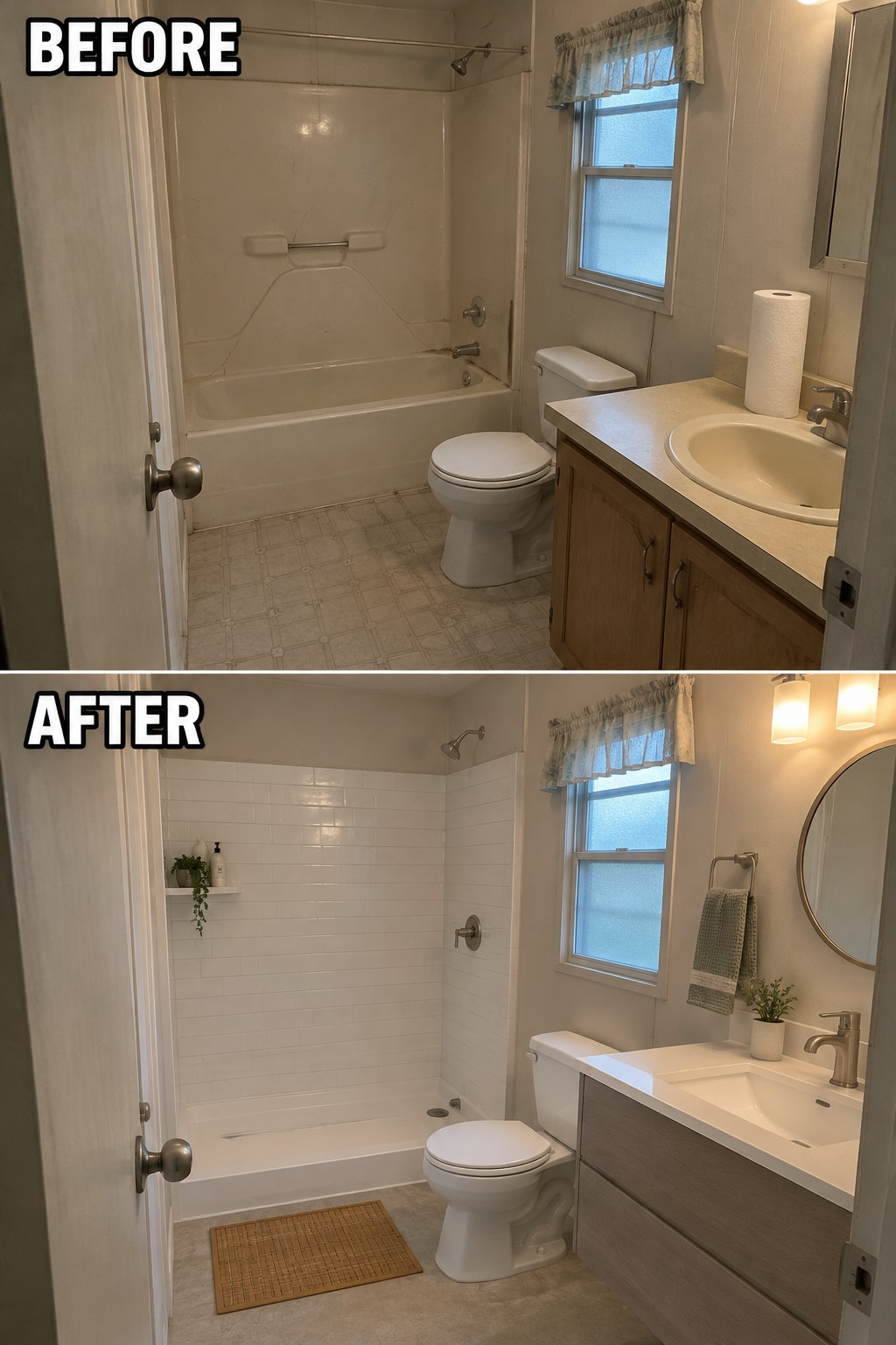Before-and-after image of a small bathroom updated with white shower tile, a new vanity, and refreshed flooring.