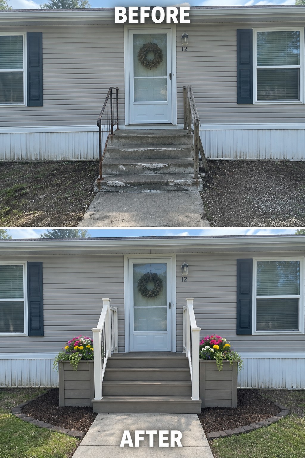 Before-and-after makeover image showing worn concrete front steps replaced with wooden stairs and white railings.
