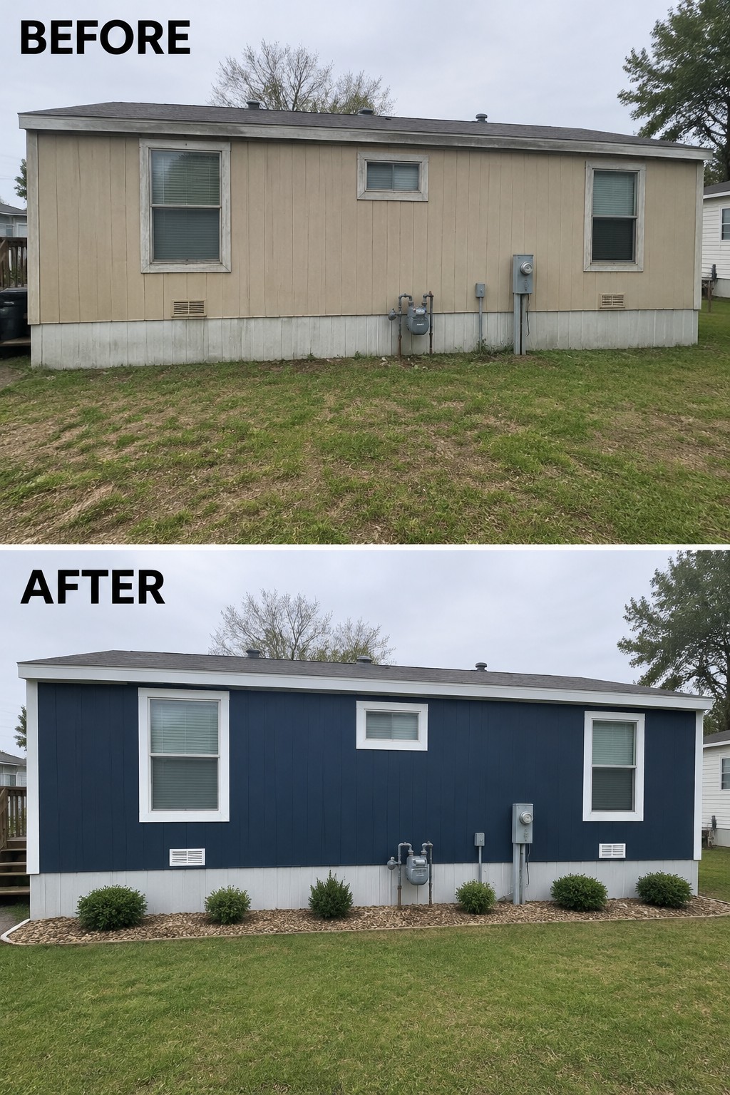 Before-and-after makeover image of a beige mobile home updated with dark blue siding and white trim.