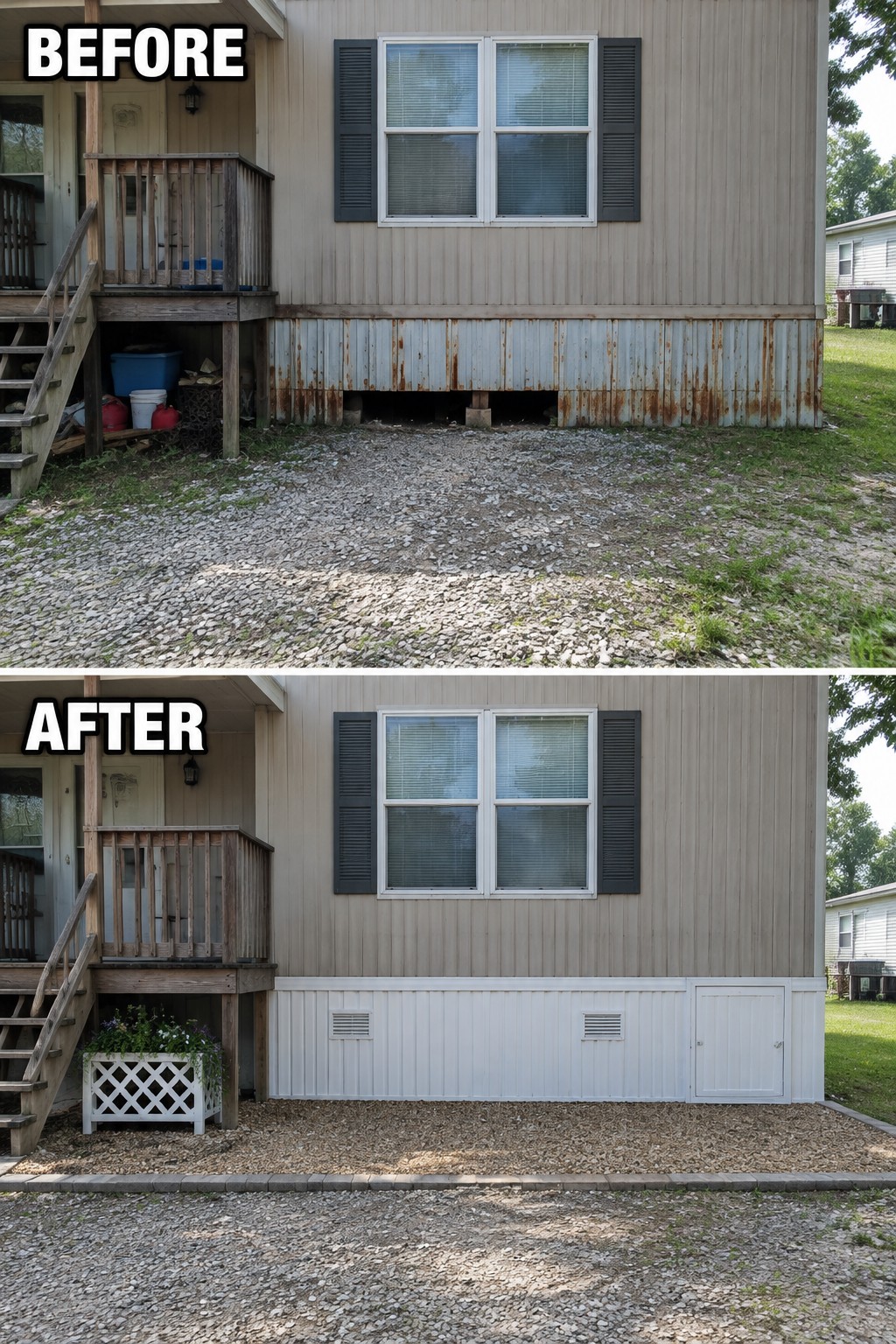 Before-and-after makeover image of a mobile home with rusted lower skirting replaced by clean white panels and an access door.