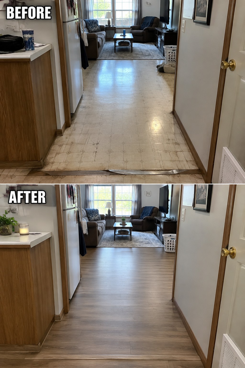 Before-and-after makeover image of a hallway with worn patterned flooring replaced by wood-look plank flooring.