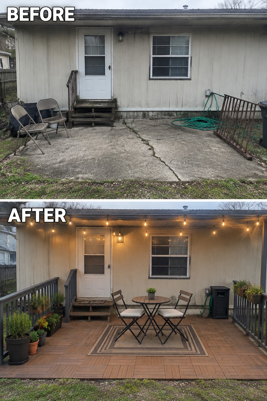 Before-and-after makeover image of a concrete patio changed into a decked dining area with a small table, chairs, plants, and string lights.