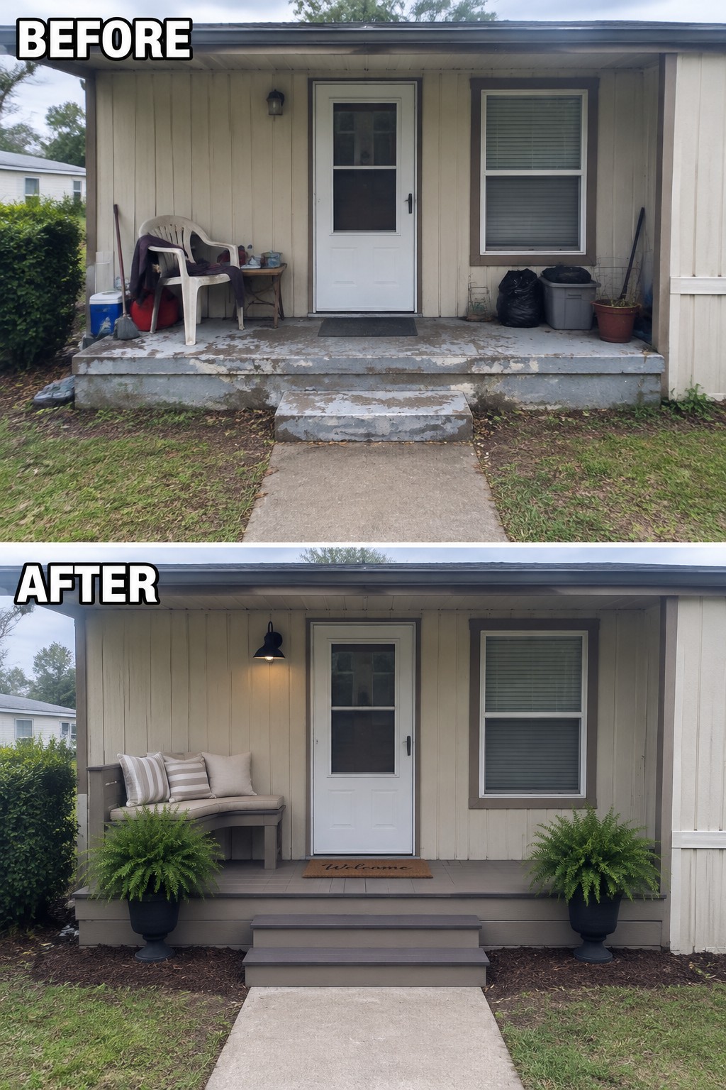 Before-and-after image of a cluttered mobile home porch updated with a built-in bench, planters, and new steps.