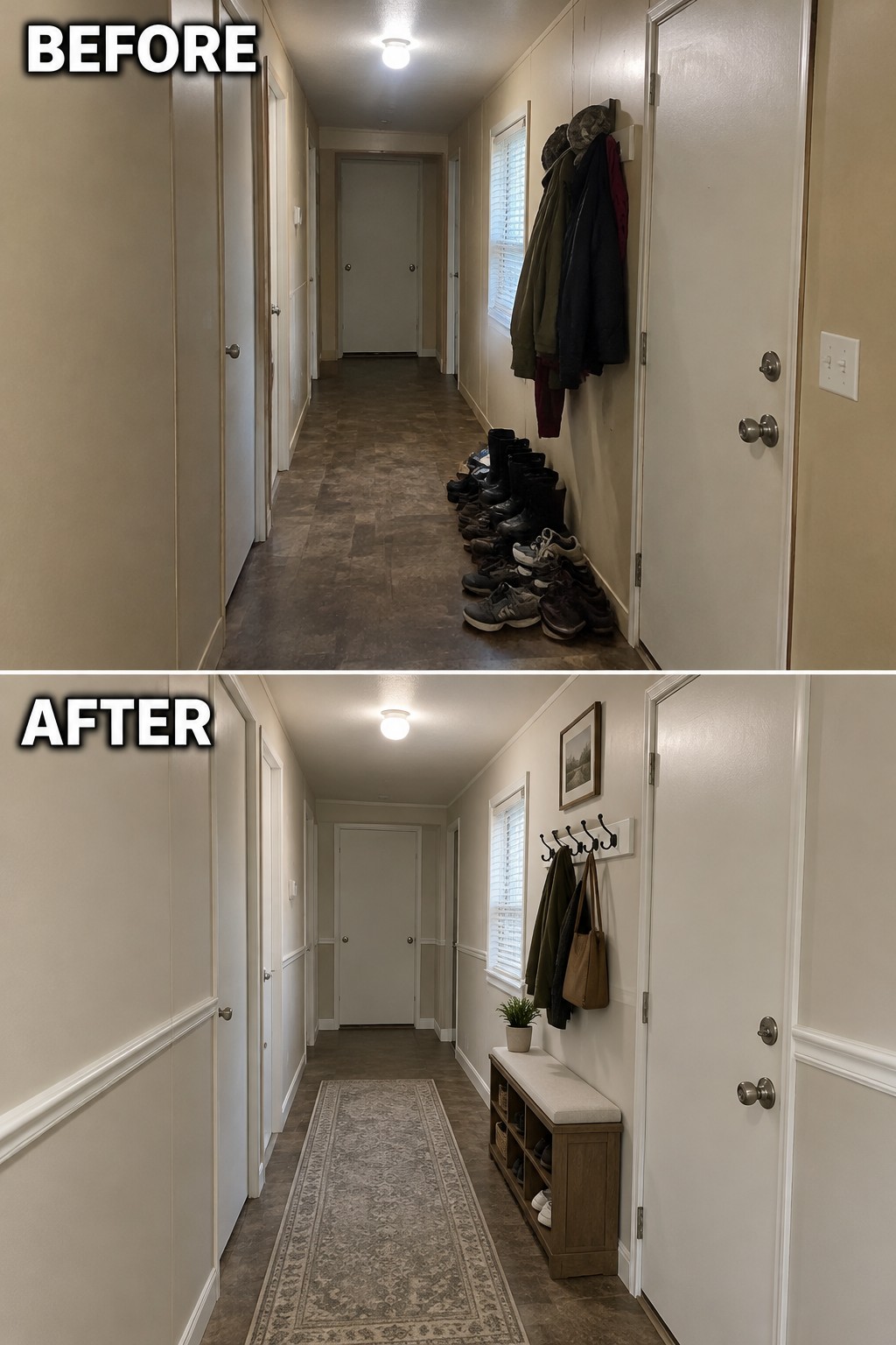 Before-and-after image of a hallway with coats and shoes scattered along the floor, updated with a storage bench, wall hooks, and a runner.
