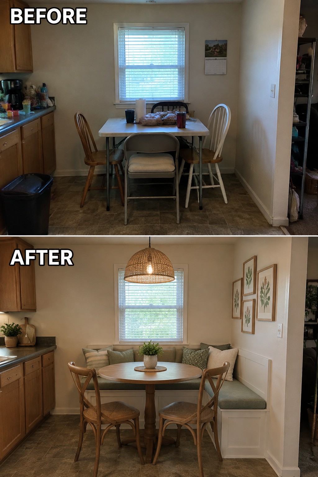 Before-and-after image of a small dining area changed from a table with separate chairs to a breakfast nook with a built-in bench and round table.
