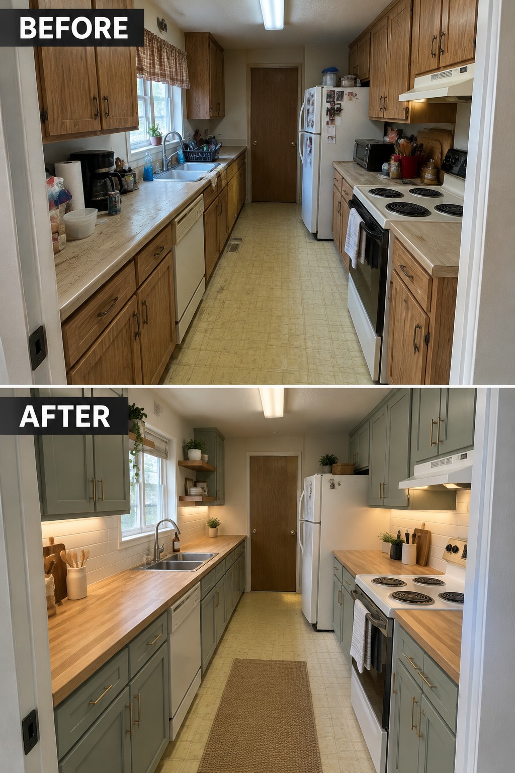 Before-and-after image of a narrow kitchen updated with green cabinets, butcher block counters, white tile backsplash, and a runner rug.