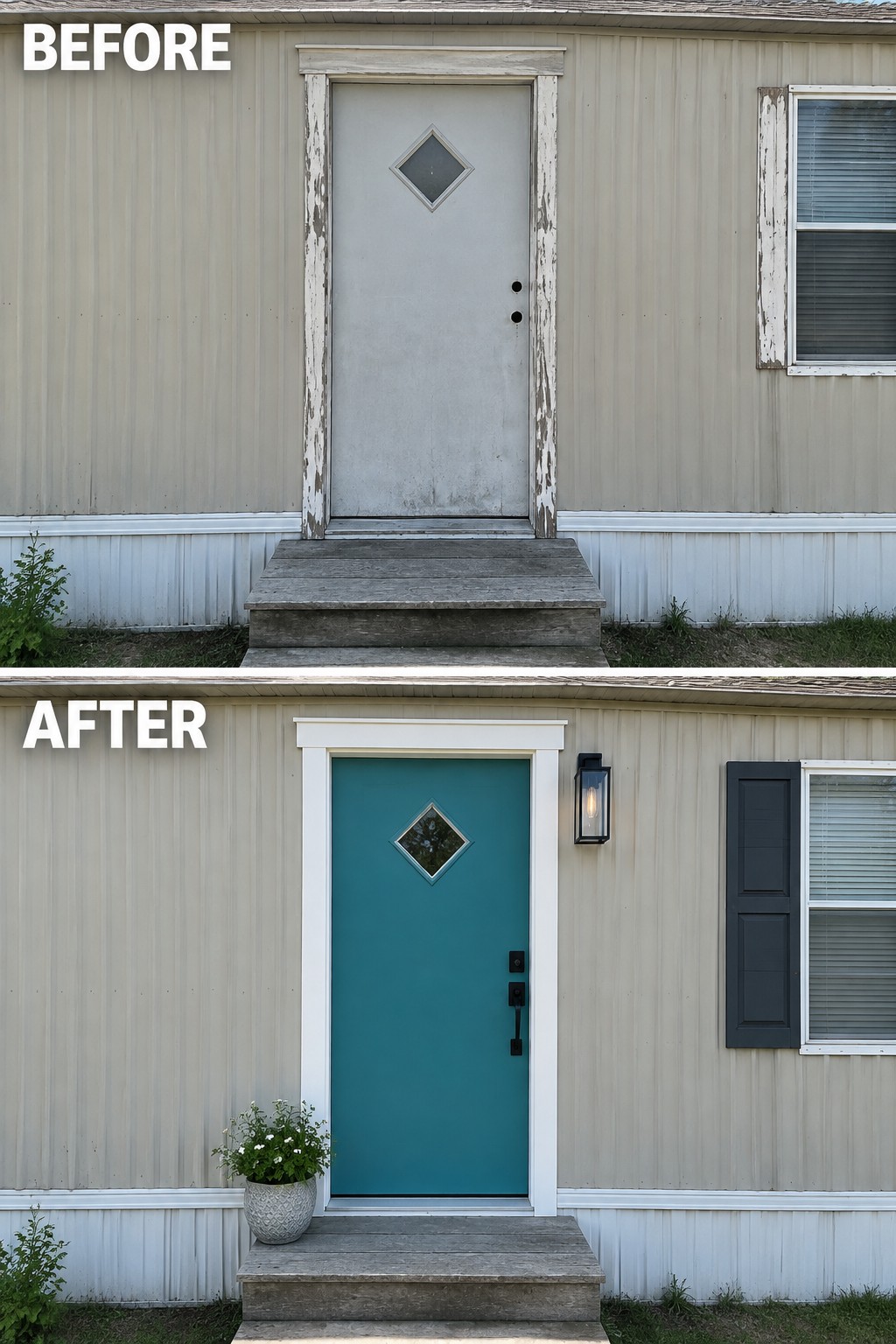 Before-and-after makeover image showing a weathered gray mobile home door replaced with a teal door and white trim.