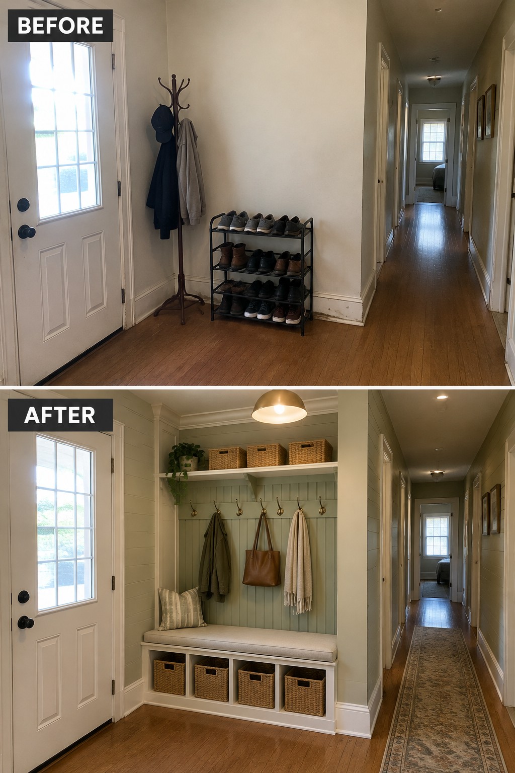 Before-and-after makeover image of an entryway changed from a coat stand and shoe rack to a built-in bench with hooks, shelves, and baskets.