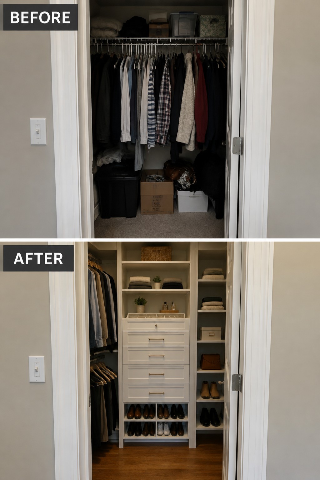 Before-and-after makeover image of a cluttered bedroom closet changed to include built-in drawers, shelves, hanging space, and shoe cubbies.