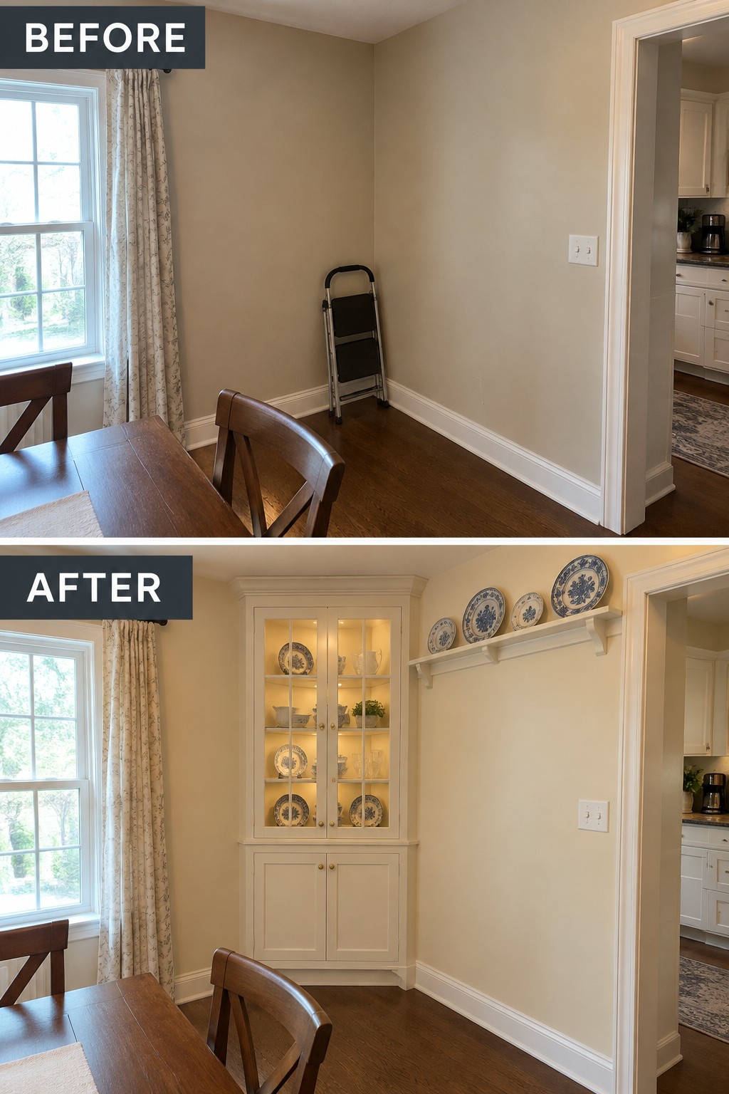 Before-and-after makeover image of a dining room corner changed from an empty wall with a folding step stool to a built-in hutch with glass-front upper cabinets and closed lower storage.