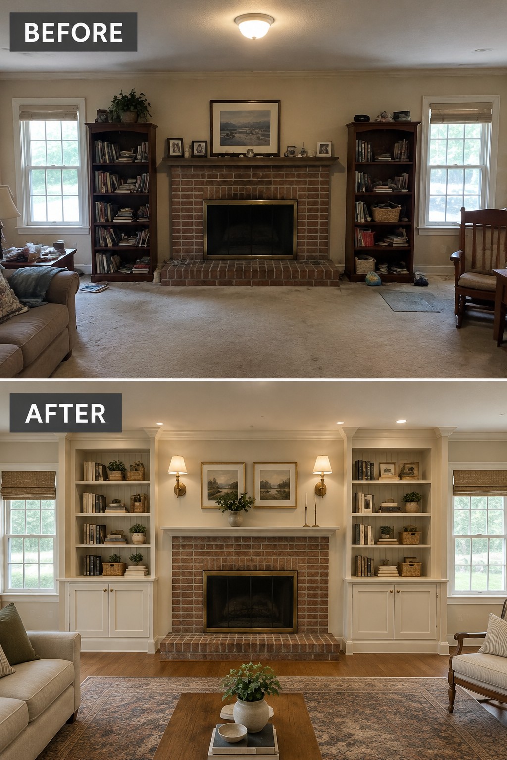 Before-and-after makeover image of a living room with freestanding bookcases beside a fireplace changed to built-in shelves and cabinets around it.