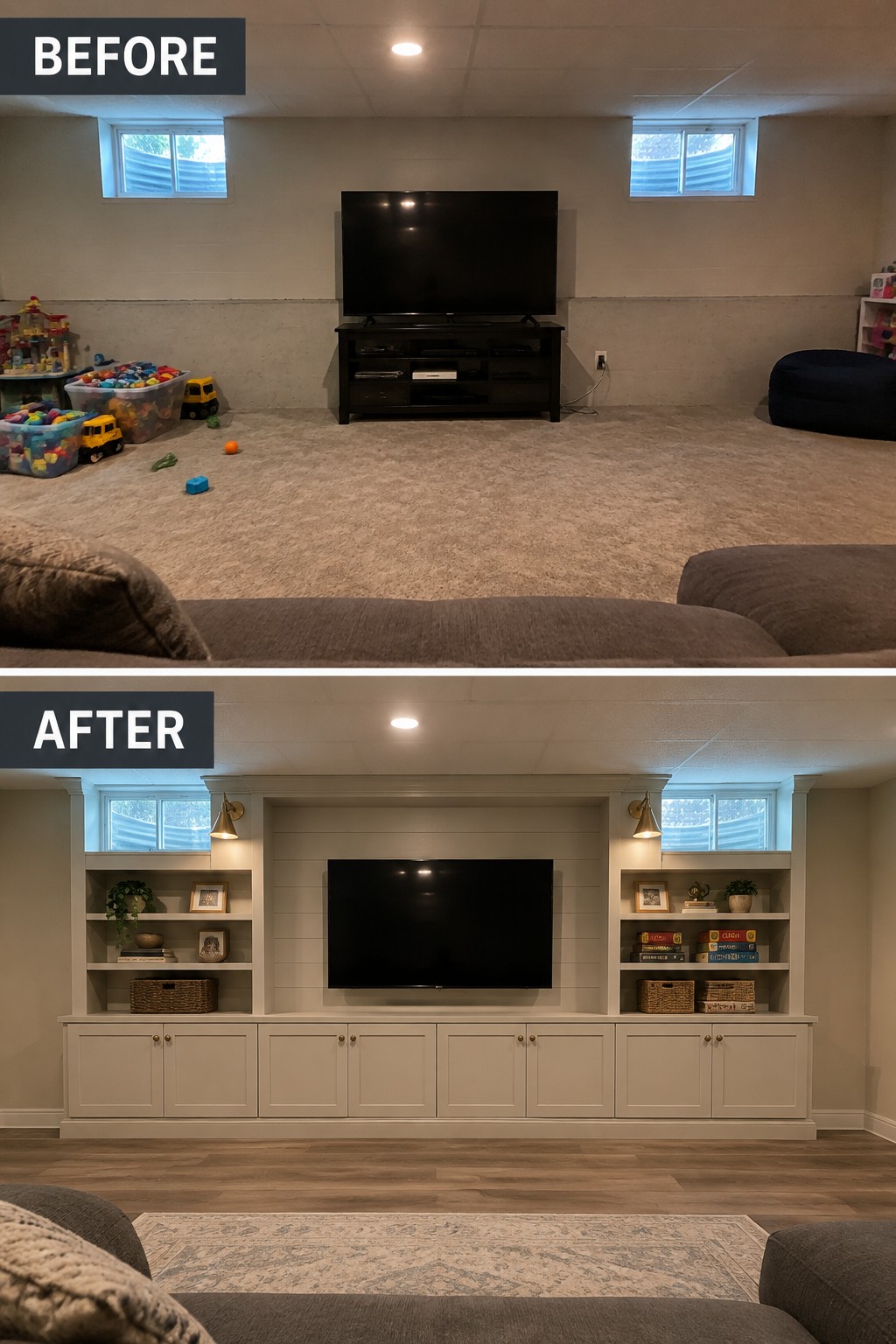 Before-and-after makeover image of a basement TV wall changed from a television on a stand to built-in cabinets and open shelving.