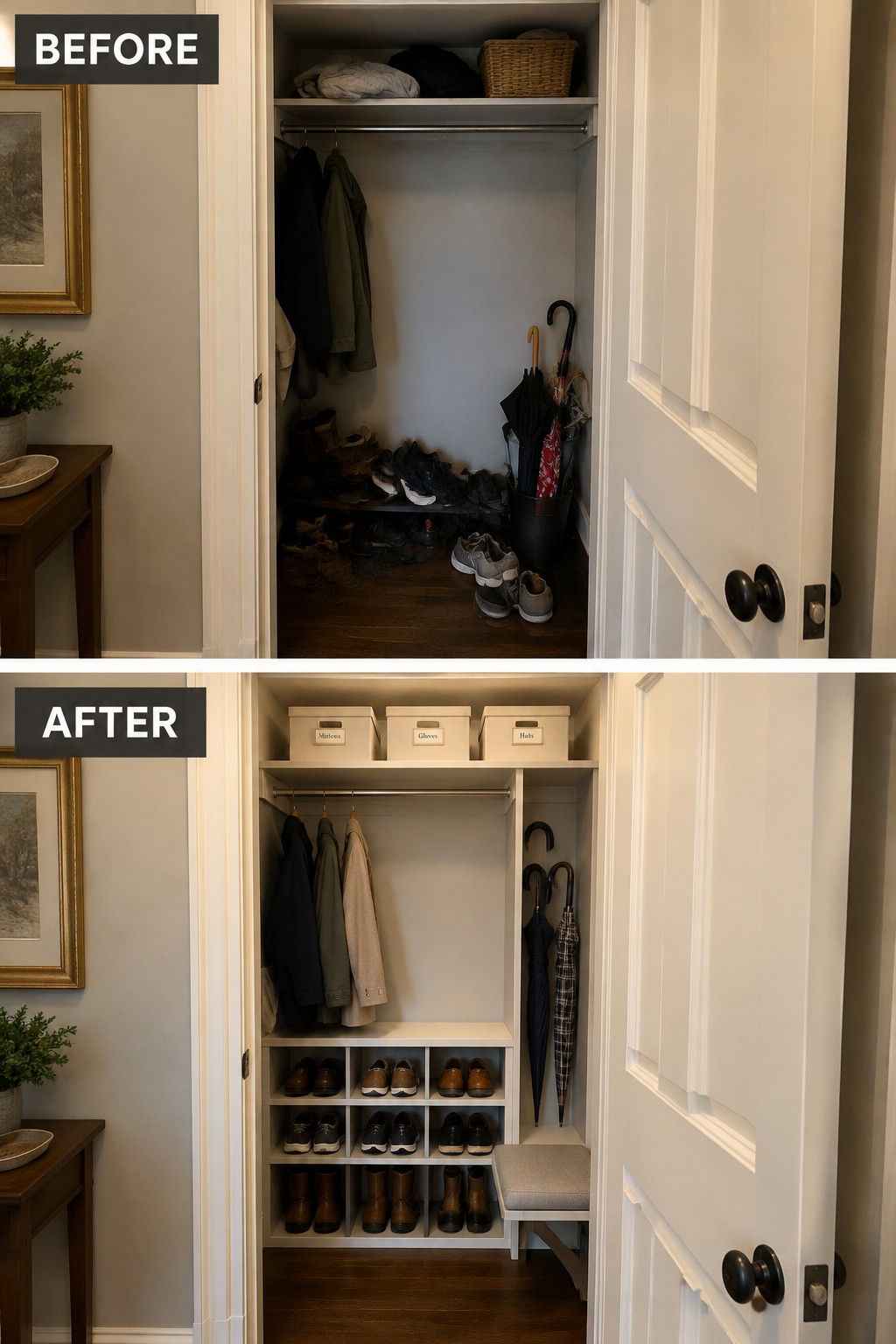 Before-and-after makeover image of a cluttered coat closet reorganized with labeled storage boxes, hanging coats, shoe cubbies, and umbrella storage.