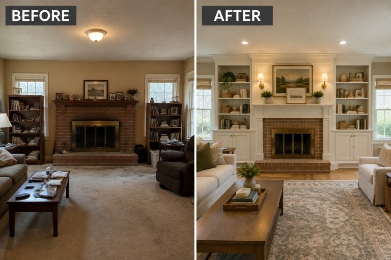 Before-and-after makeover image of a living room with freestanding bookcases beside a fireplace changed to built-in shelves and cabinets around it.