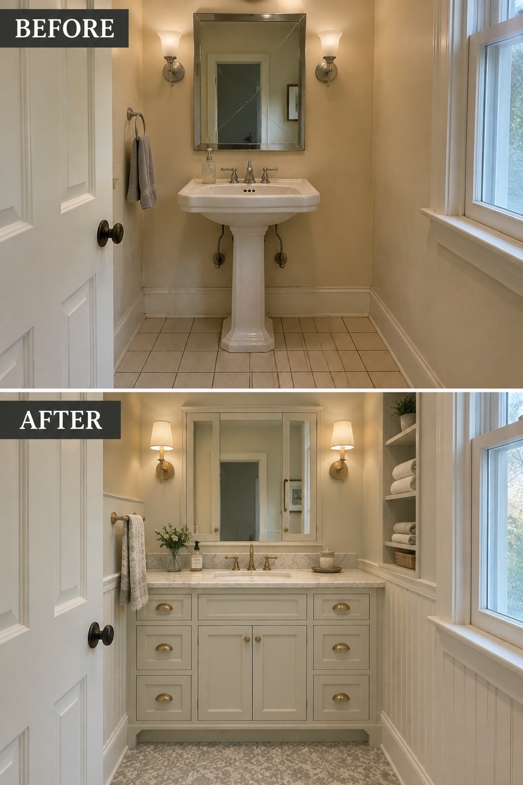 Before-and-after makeover image of a bathroom changed from a pedestal sink to a traditional vanity with drawers, cabinets, and a countertop.