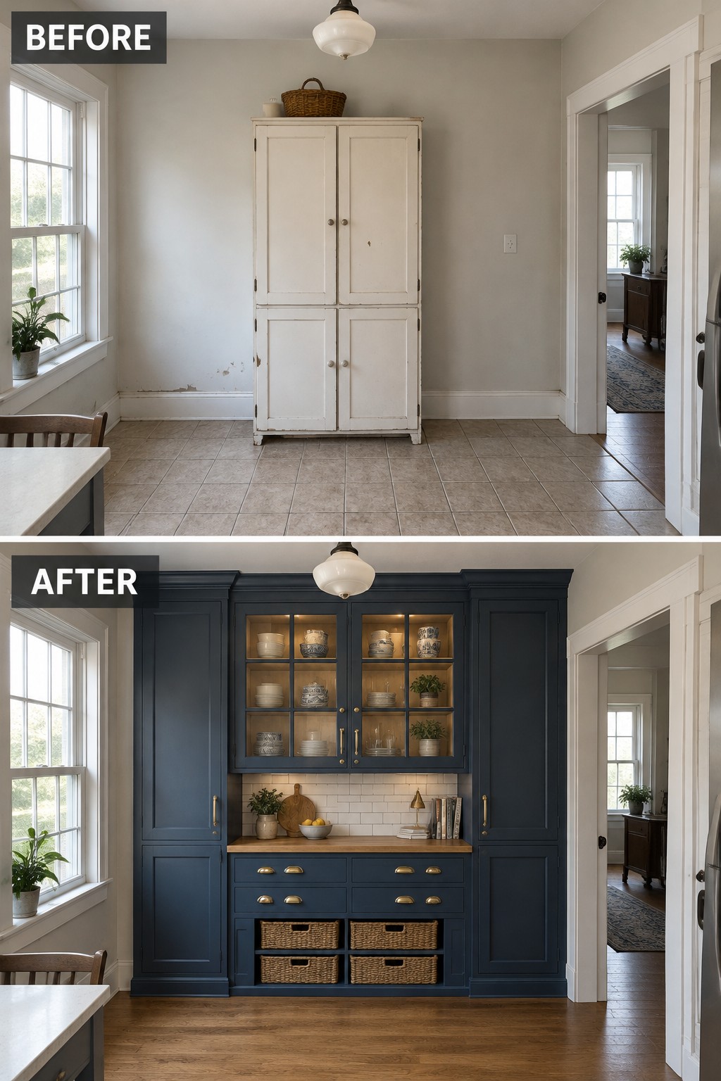 Before-and-after makeover image showing a small white cupboard replaced by dark built-in cabinets with glass-front shelving, a counter, drawers, and basket storage.