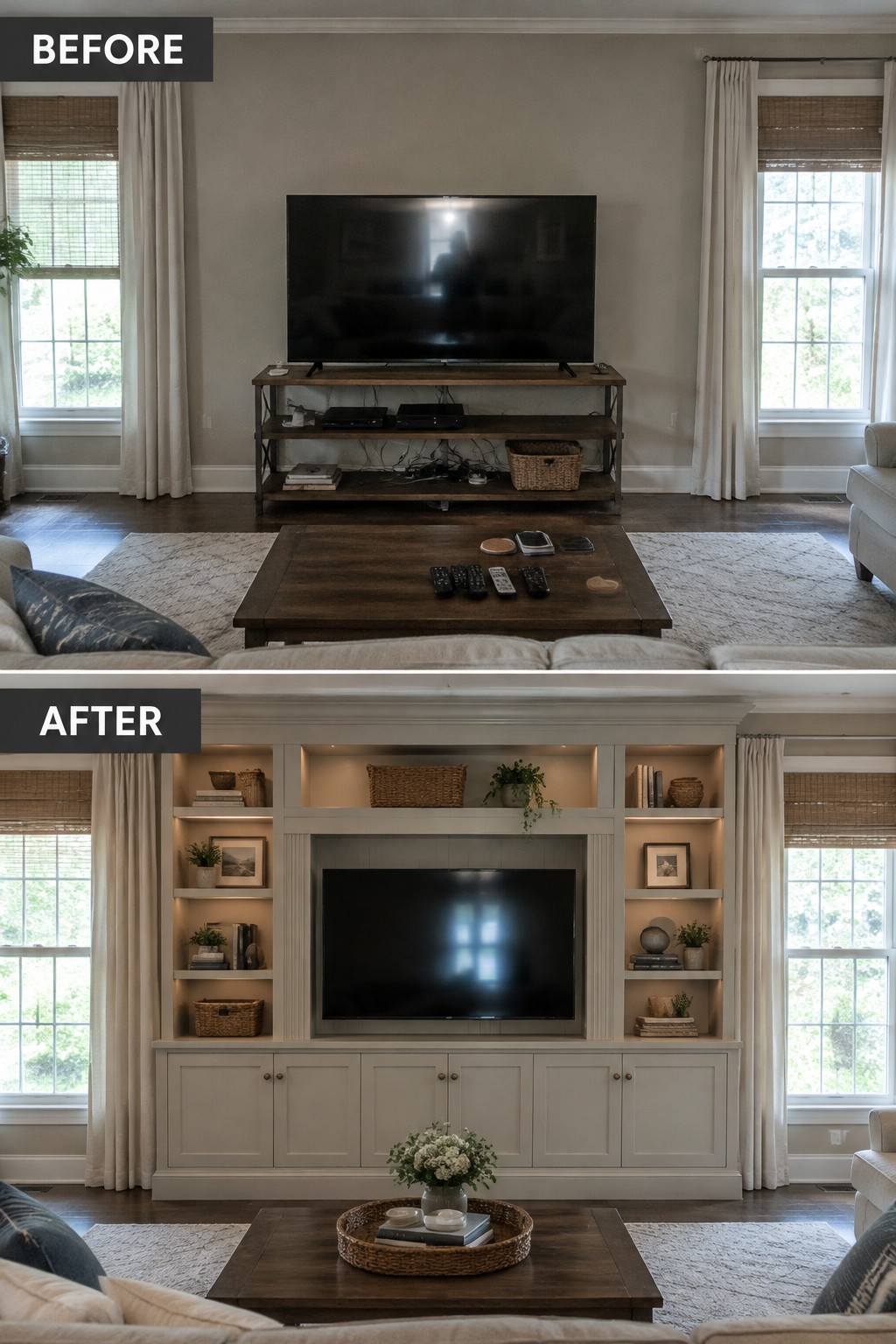 Before-and-after makeover image of a living room with a freestanding TV stand replaced by built-in cabinets and shelves around the television.